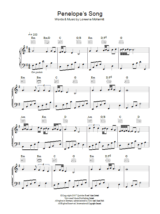 Loreena McKennitt Penelope's Song sheet music notes and chords arranged for Piano, Vocal & Guitar Chords