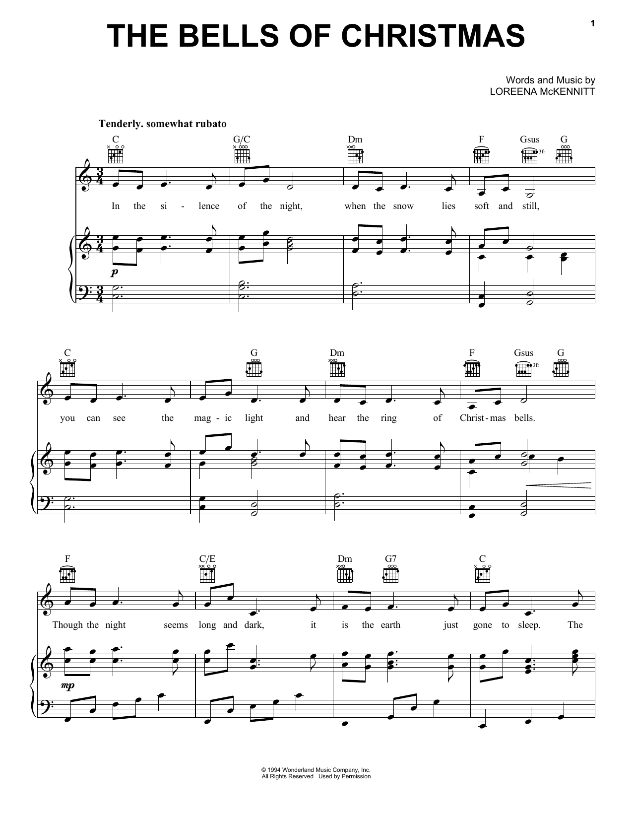 Loreena McKennitt The Bells Of Christmas sheet music notes and chords arranged for Piano, Vocal & Guitar Chords (Right-Hand Melody)