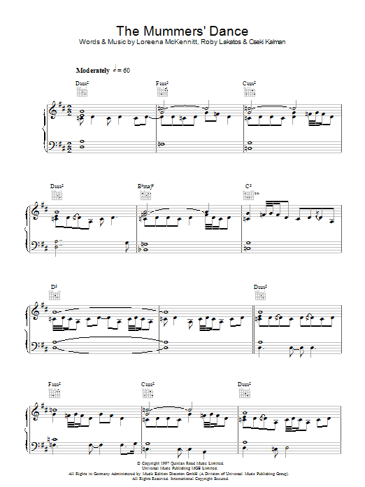 Loreena McKennitt The Mummers' Dance sheet music notes and chords arranged for Piano, Vocal & Guitar Chords