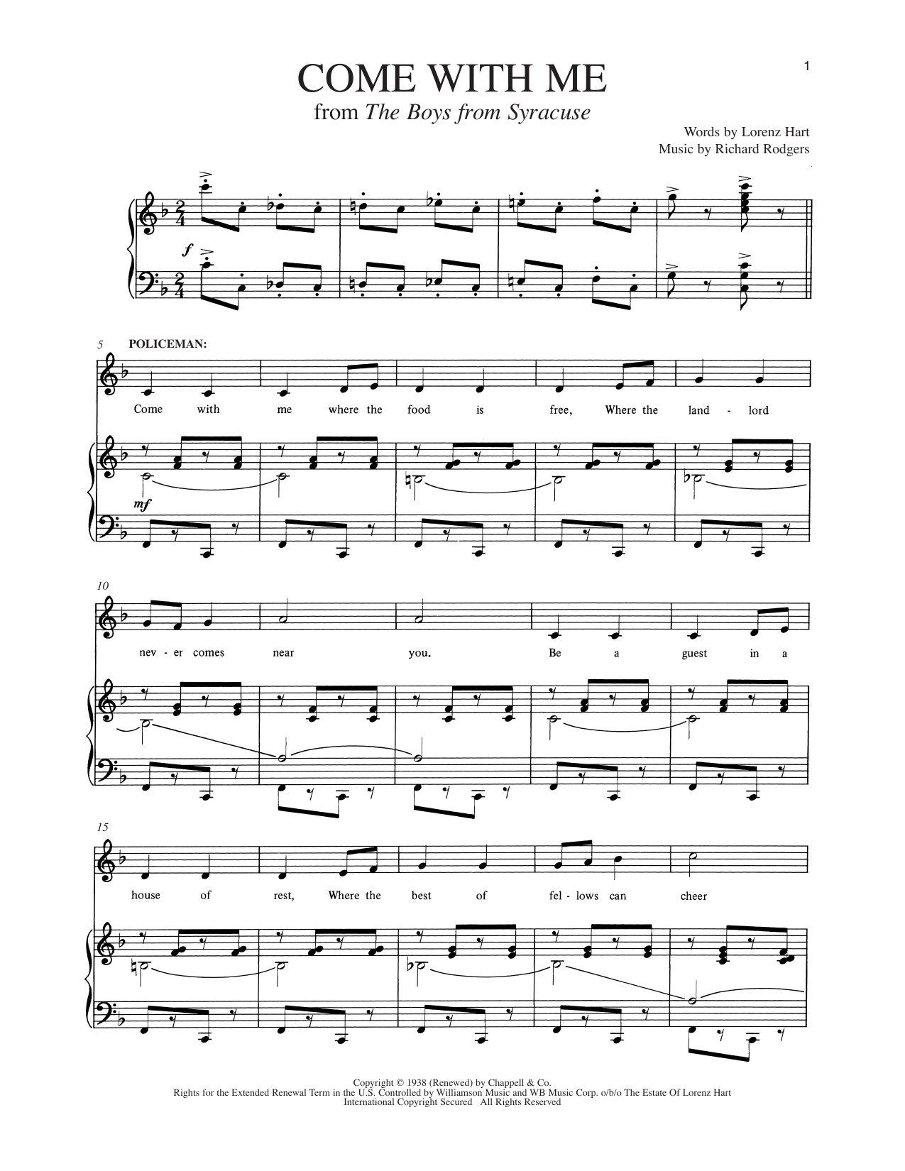 Lorenz Hart Come With Me (from The Boys From Syracuse) sheet music notes and chords arranged for Piano & Vocal