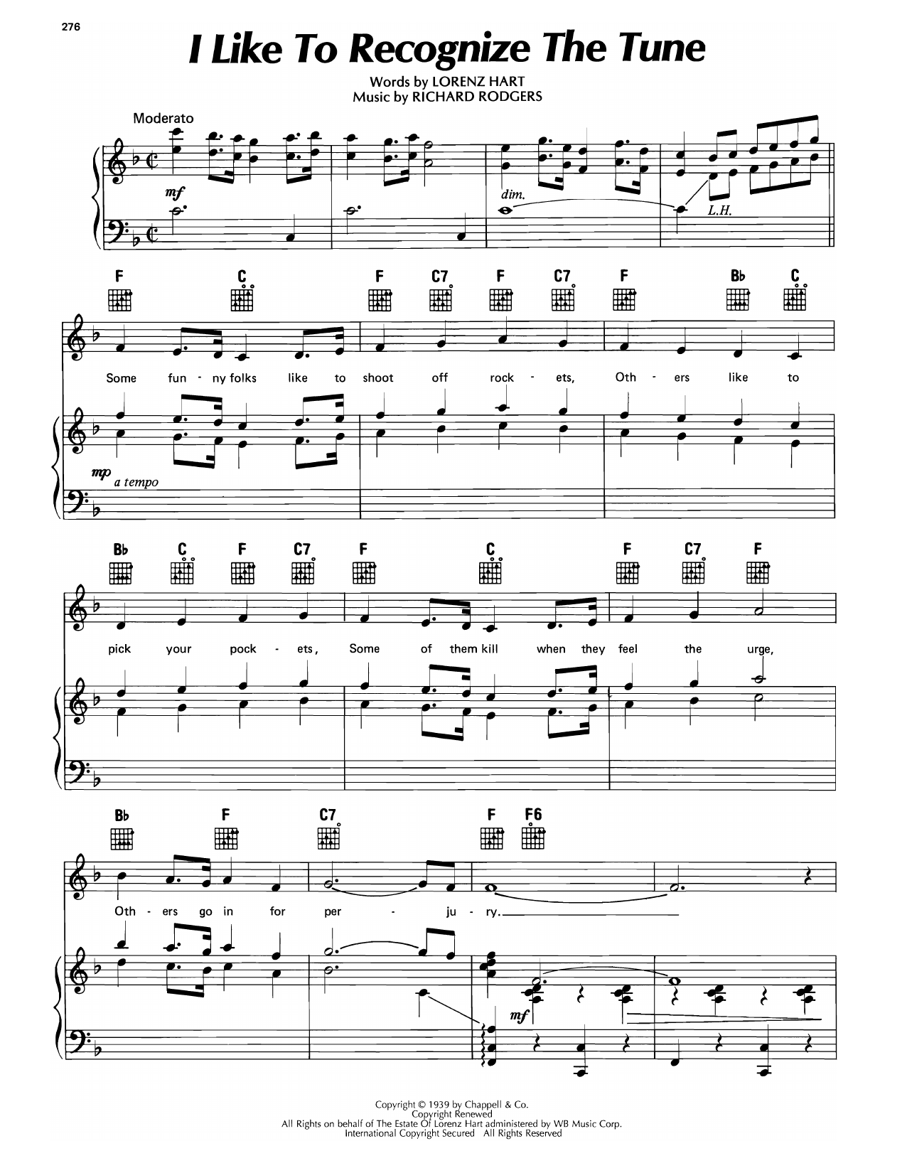 Lorenz Hart I Like To Recognize The Tune (from Too Many Girls) sheet music notes and chords arranged for Piano, Vocal & Guitar Chords (Right-Hand Melody)