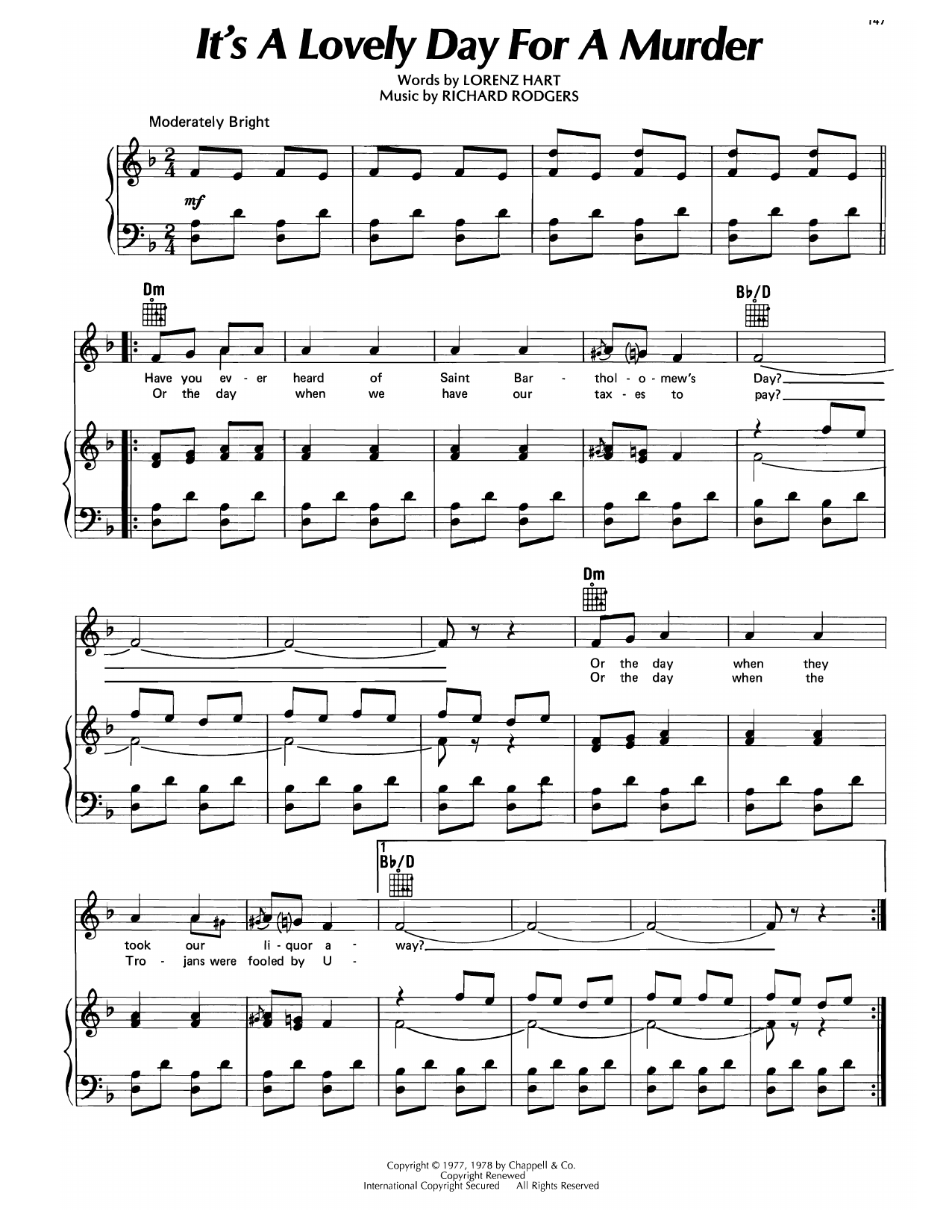 Lorenz Hart It's A Lovely Day For A Murder (from Higher And Higher) sheet music notes and chords arranged for Piano, Vocal & Guitar Chords (Right-Hand Melody)