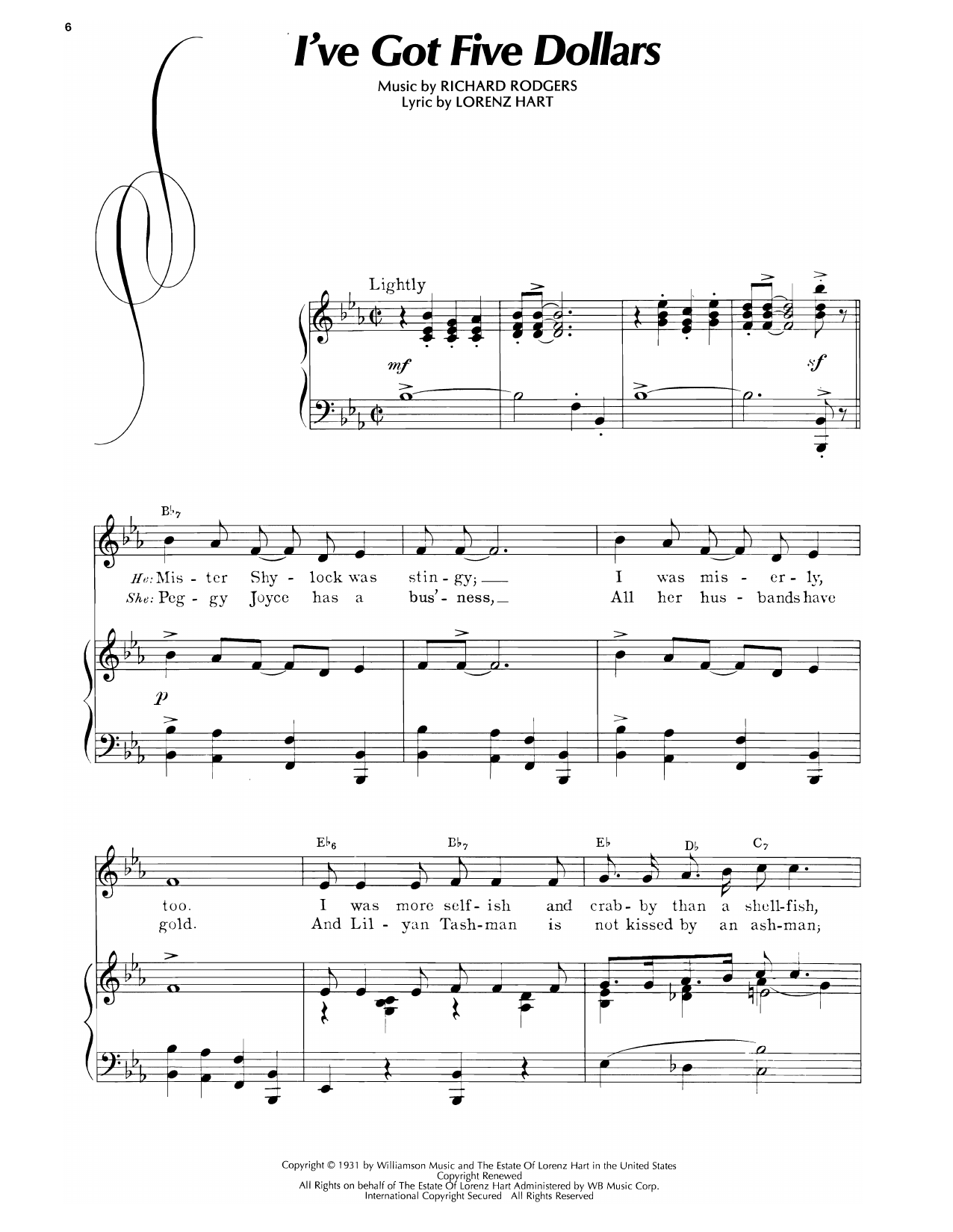 Lorenz Hart I've Got Five Dollars (from America's Sweetheart) sheet music notes and chords arranged for Piano, Vocal & Guitar Chords (Right-Hand Melody)