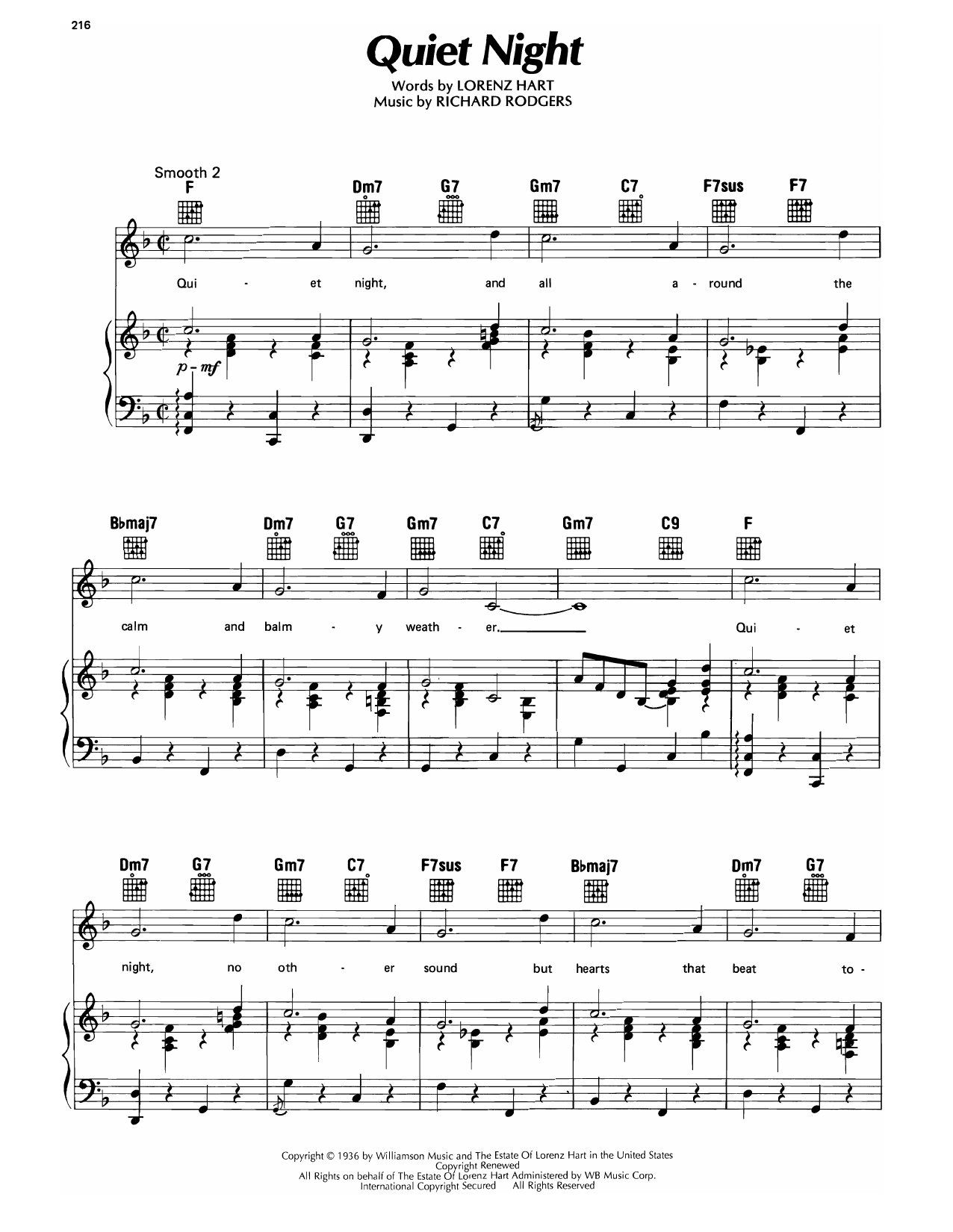 Lorenz Hart Quiet Night (from On Your Toes) sheet music notes and chords arranged for Piano, Vocal & Guitar Chords (Right-Hand Melody)