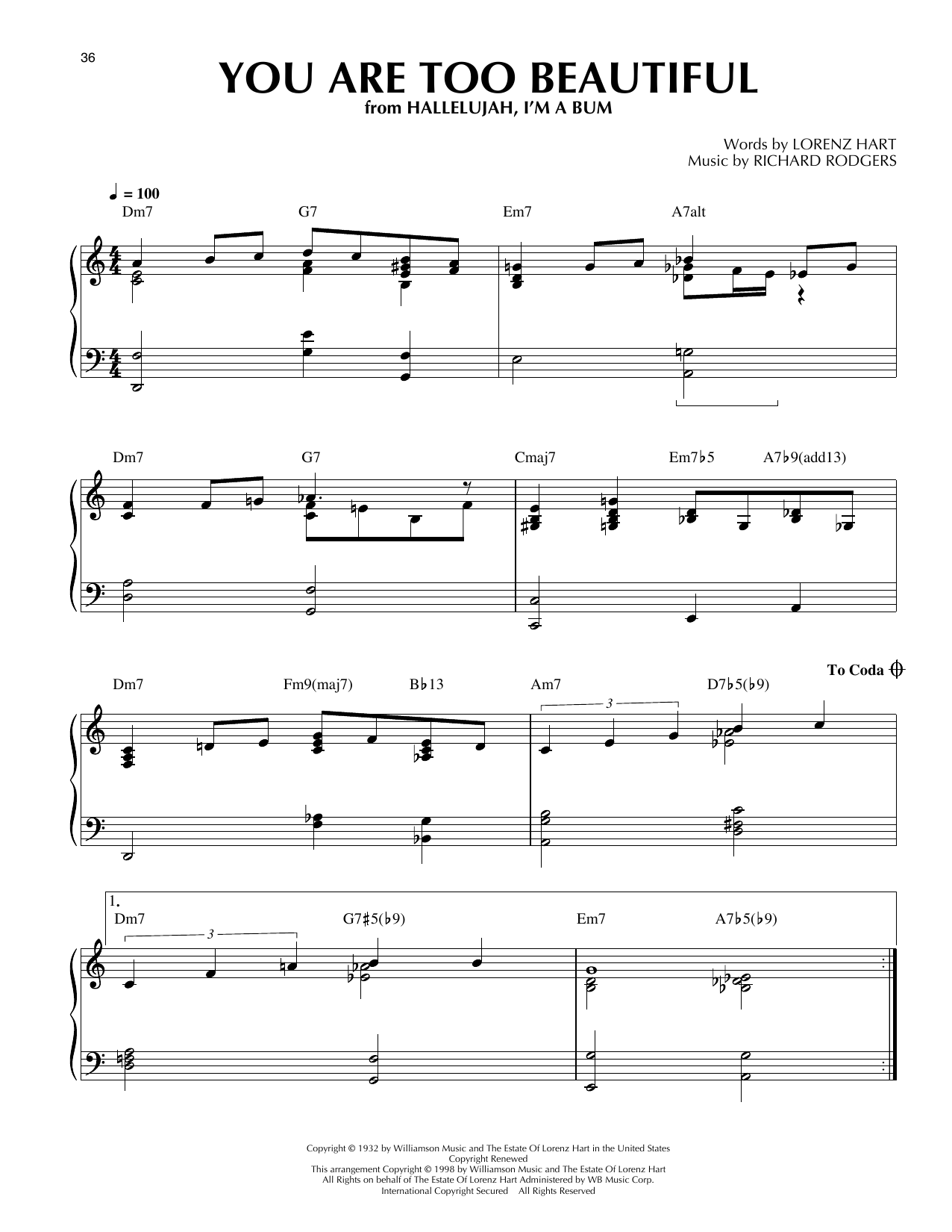 Lorenz Hart You Are Too Beautiful (arr. Thomas Coppola) sheet music notes and chords arranged for Piano Solo