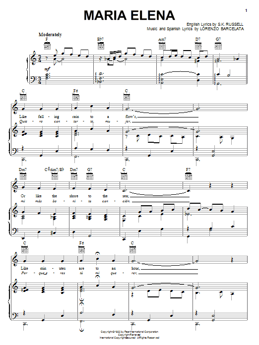 Lorenzo Barcelata Maria Elena sheet music notes and chords arranged for Piano, Vocal & Guitar Chords (Right-Hand Melody)