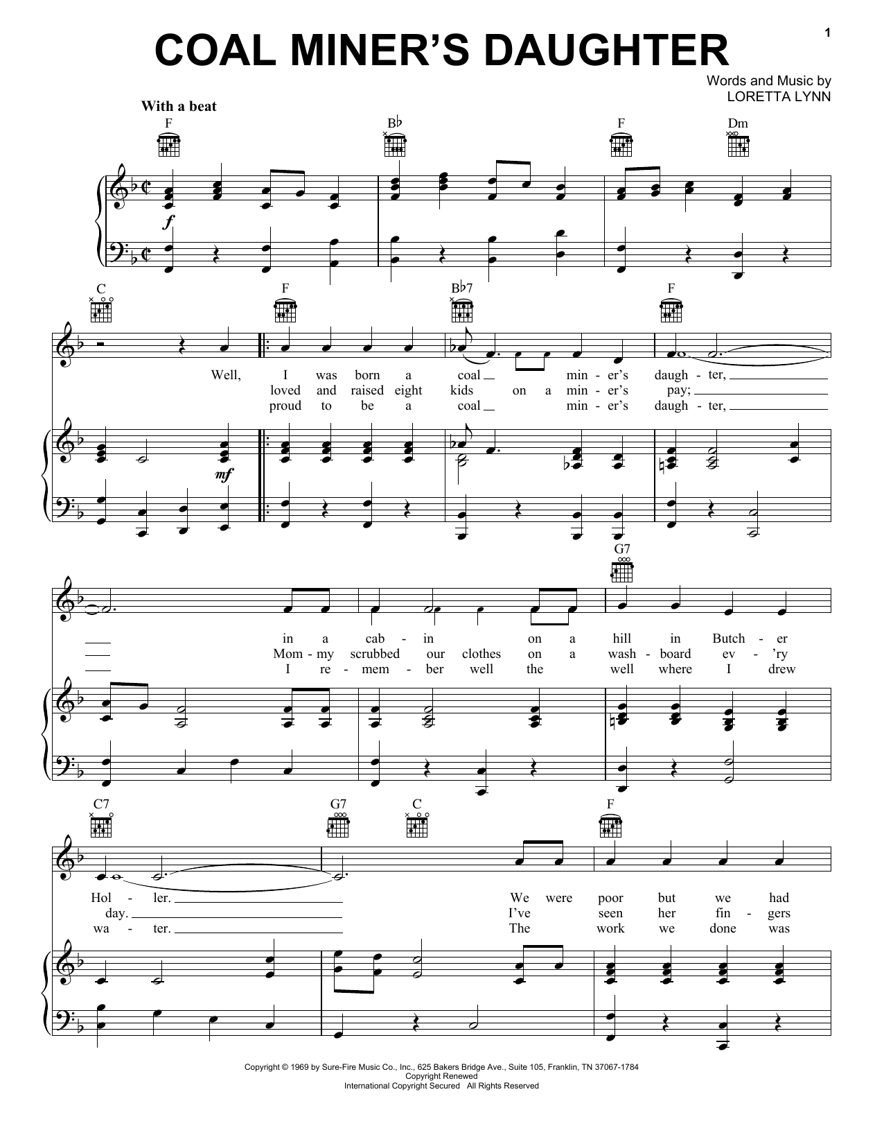 Loretta Lynn Coal Miner's Daughter sheet music notes and chords arranged for Super Easy Piano