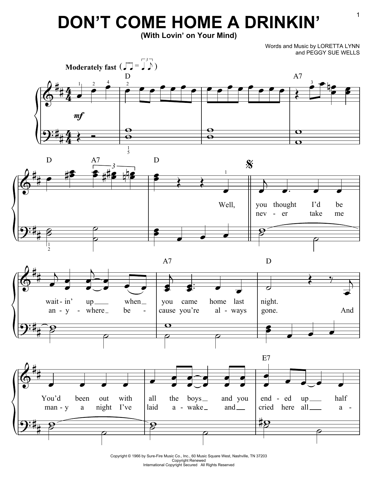 Loretta Lynn Don't Come Home A Drinkin' (With Lovin' On Your Mind) sheet music notes and chords arranged for Piano, Vocal & Guitar Chords (Right-Hand Melody)