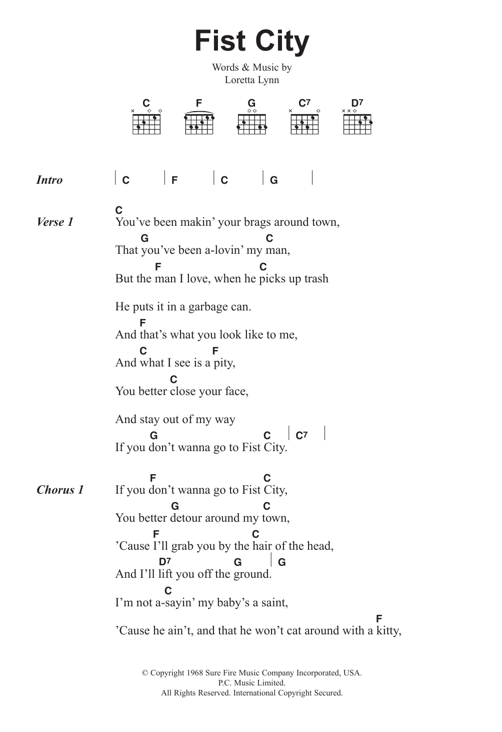 Loretta Lynn Fist City sheet music notes and chords arranged for Guitar Chords/Lyrics