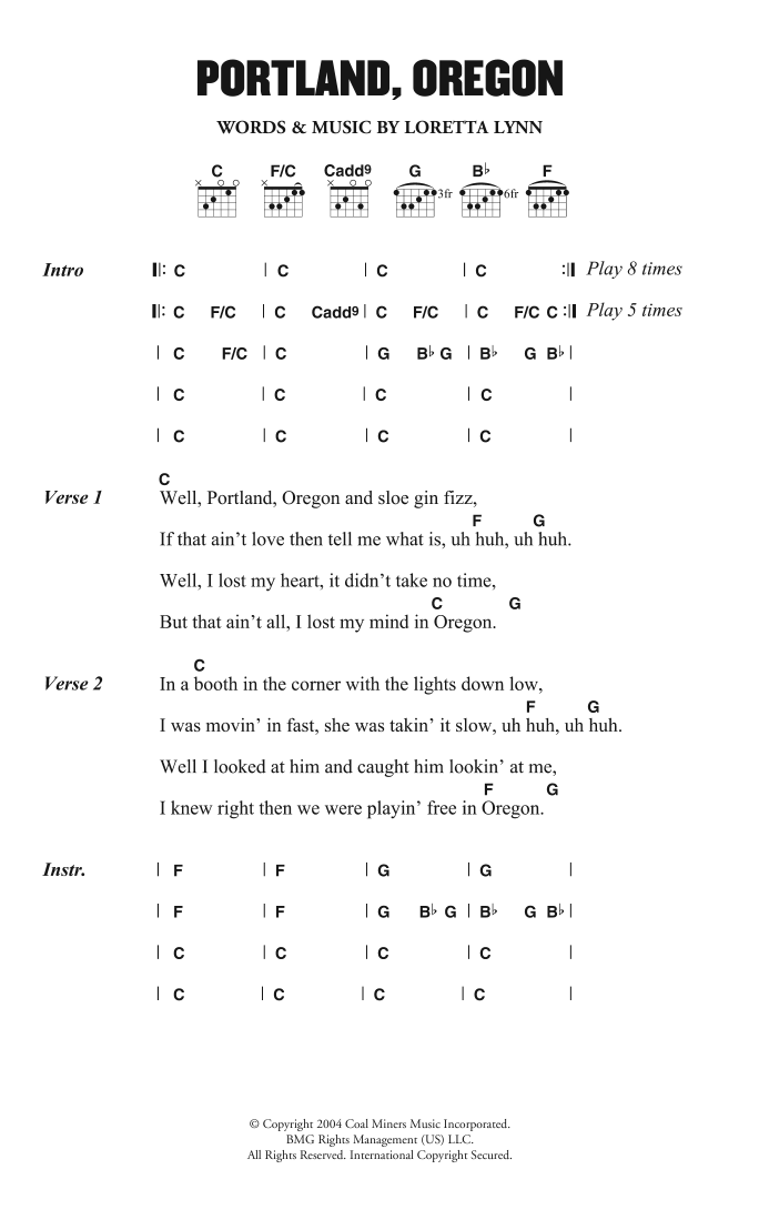 Loretta Lynn Portland, Oregon sheet music notes and chords arranged for Guitar Chords/Lyrics
