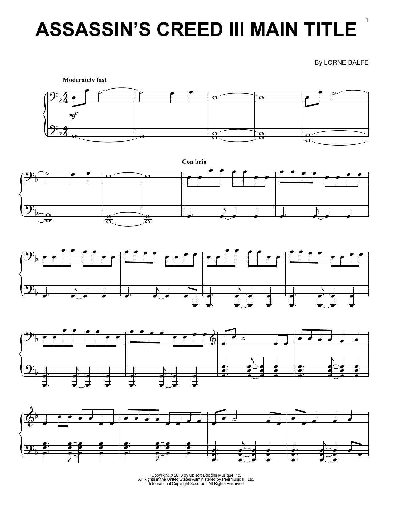 Lorne Balfe Assassin's Creed III Main Title sheet music notes and chords arranged for Piano Solo