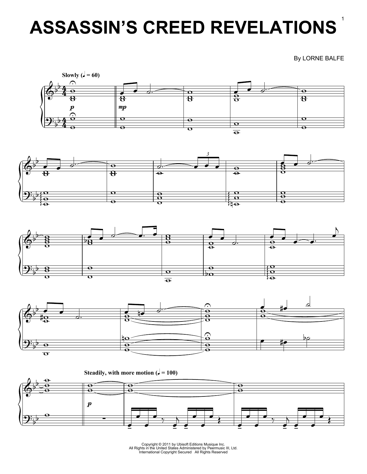 Lorne Balfe Assassin's Creed Revelations sheet music notes and chords arranged for Piano Solo