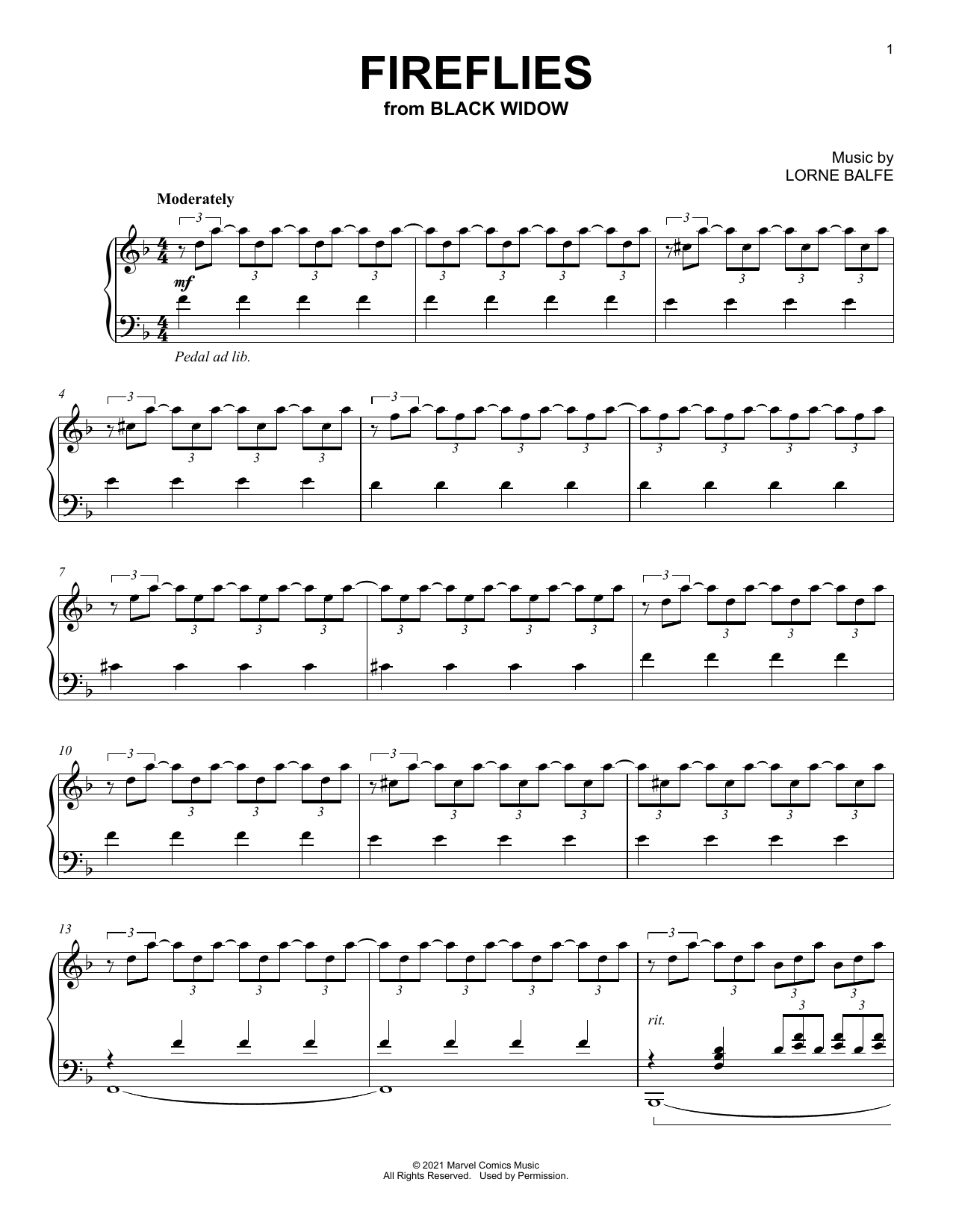 Lorne Balfe Fireflies (from Black Widow) sheet music notes and chords arranged for Piano Solo