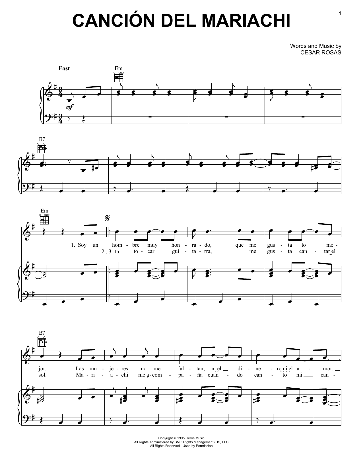 Los Lobos & Antonio Banderas Cancion Del Mariachi sheet music notes and chords arranged for Piano, Vocal & Guitar Chords (Right-Hand Melody)