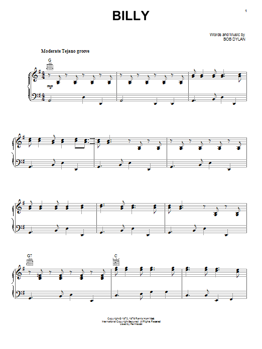 Los Lobos Billy sheet music notes and chords arranged for Piano, Vocal & Guitar Chords (Right-Hand Melody)