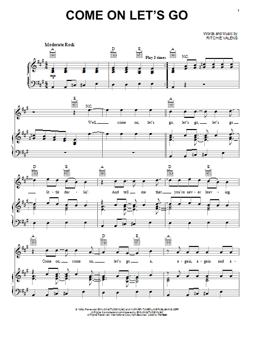 Los Lobos Come On Let's Go sheet music notes and chords arranged for Piano, Vocal & Guitar Chords (Right-Hand Melody)
