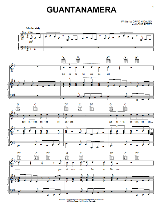 Los Lobos Guantanamera sheet music notes and chords arranged for Piano, Vocal & Guitar Chords (Right-Hand Melody)