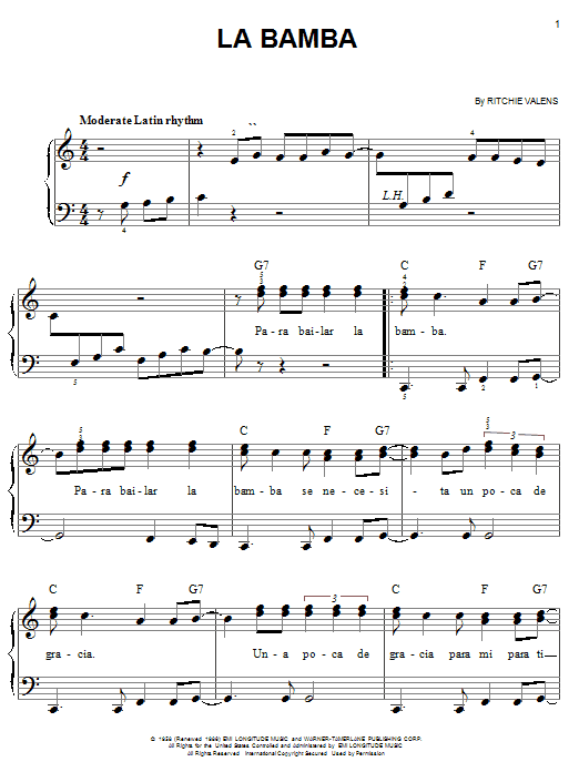 Los Lobos La Bamba sheet music notes and chords arranged for Piano Chords/Lyrics
