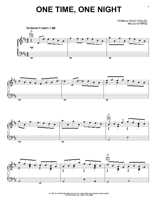 Los Lobos One Time, One Night sheet music notes and chords arranged for Piano, Vocal & Guitar Chords (Right-Hand Melody)