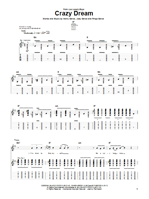 Los Lonely Boys Crazy Dream sheet music notes and chords arranged for Guitar Tab