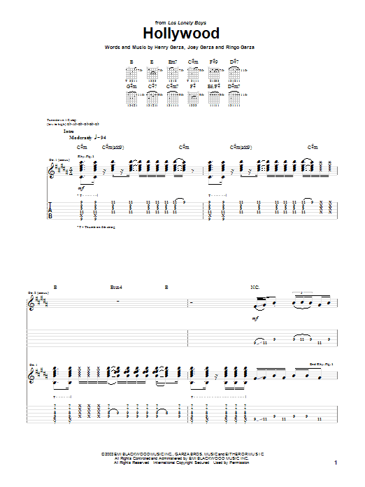 Los Lonely Boys Hollywood sheet music notes and chords arranged for Guitar Tab