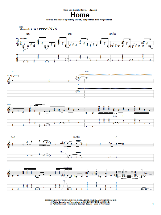 Los Lonely Boys Home sheet music notes and chords arranged for Guitar Tab