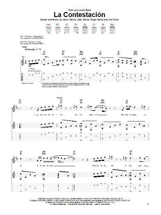 Los Lonely Boys La Contestacion sheet music notes and chords arranged for Piano, Vocal & Guitar Chords (Right-Hand Melody)