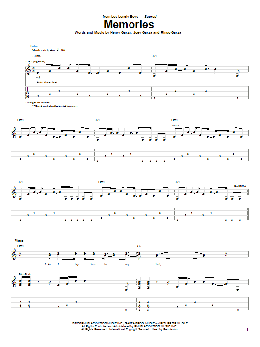 Los Lonely Boys Memories sheet music notes and chords arranged for Guitar Tab