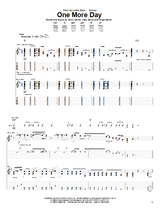 Los Lonely Boys One More Day sheet music notes and chords arranged for Guitar Tab
