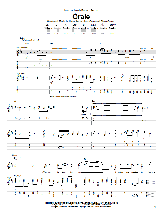 Los Lonely Boys Orale sheet music notes and chords arranged for Guitar Tab