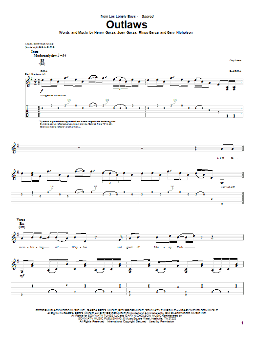 Los Lonely Boys Outlaws sheet music notes and chords arranged for Guitar Tab