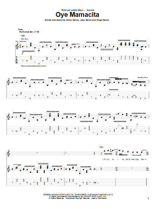 Los Lonely Boys Oye Mamacita sheet music notes and chords arranged for Guitar Tab