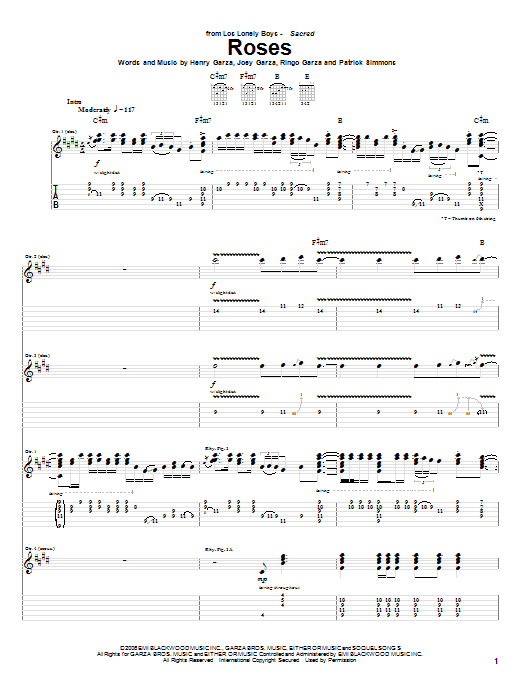 Los Lonely Boys Roses sheet music notes and chords arranged for Guitar Tab