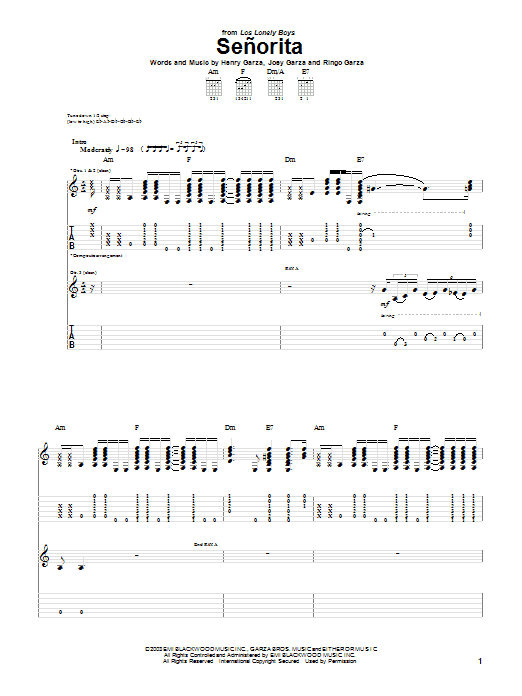 Los Lonely Boys Señorita sheet music notes and chords arranged for Piano, Vocal & Guitar Chords (Right-Hand Melody)
