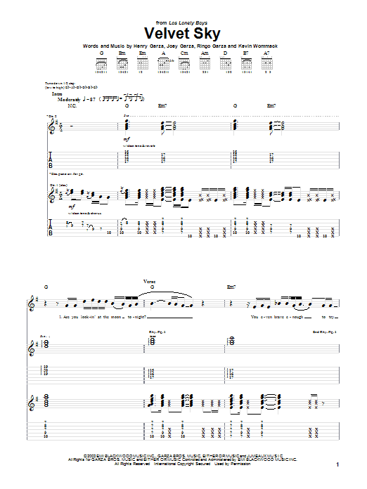 Los Lonely Boys Velvet Sky sheet music notes and chords arranged for Piano, Vocal & Guitar Chords (Right-Hand Melody)