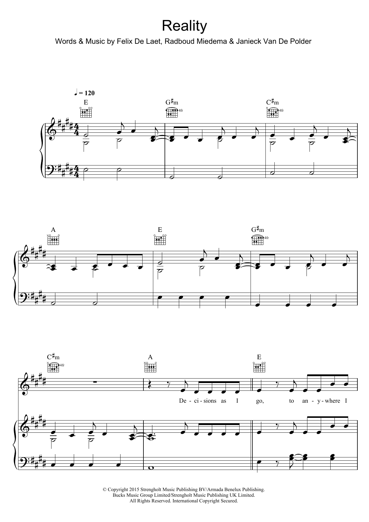 Lost Frequencies Reality sheet music notes and chords arranged for Piano, Vocal & Guitar Chords