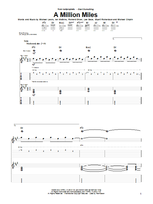 Lostprophets A Million Miles sheet music notes and chords arranged for Guitar Tab