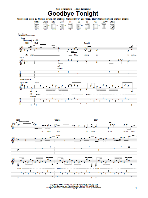 Lostprophets Goodbye Tonight sheet music notes and chords arranged for Guitar Tab