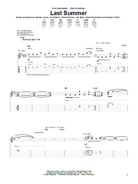 Lostprophets Last Summer sheet music notes and chords arranged for Guitar Tab