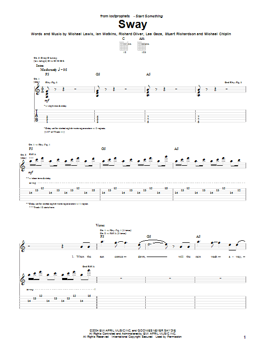 Lostprophets Sway sheet music notes and chords arranged for Guitar Tab