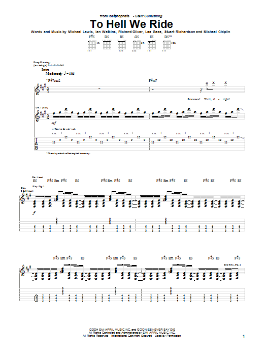 Lostprophets To Hell We Ride sheet music notes and chords arranged for Guitar Tab