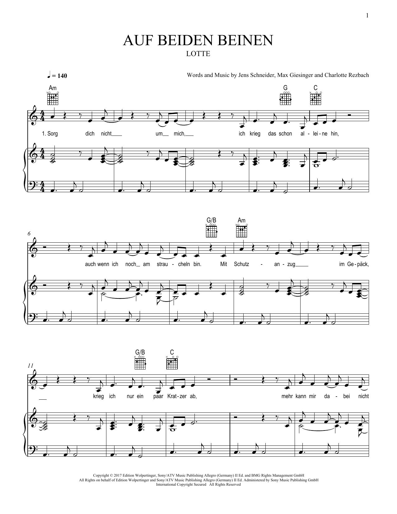 LOTTE Auf beiden Beinen sheet music notes and chords arranged for Piano, Vocal & Guitar Chords (Right-Hand Melody)