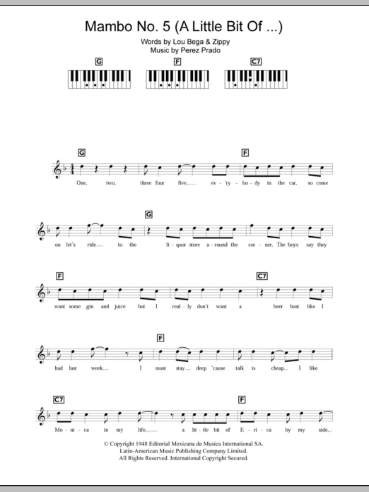 Lou Bega Mambo No. 5 (A Little Bit Of... ) sheet music notes and chords arranged for Piano Chords/Lyrics
