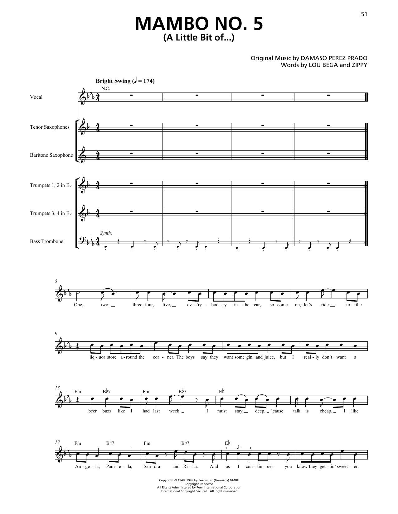Lou Bega Mambo No. 5 (A Little Bit Of...) (Horn Section) sheet music notes and chords arranged for Transcribed Score