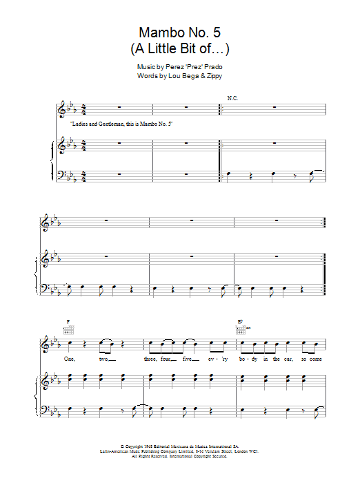Lou Bega Mambo No. 5 (A Little Bit Of...) sheet music notes and chords arranged for Flute Solo