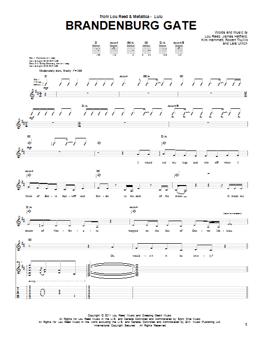 Lou Reed & Metallica Brandenburg Gate sheet music notes and chords arranged for Guitar Tab