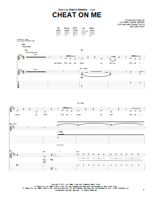 Lou Reed & Metallica Cheat On Me sheet music notes and chords arranged for Guitar Tab