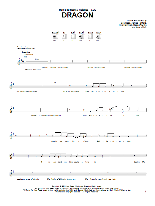 Lou Reed & Metallica Dragon sheet music notes and chords arranged for Guitar Tab