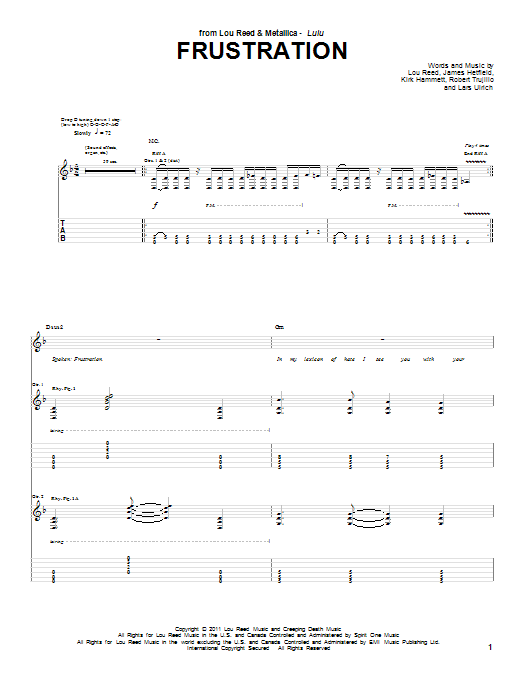 Lou Reed & Metallica Frustration sheet music notes and chords arranged for Guitar Tab