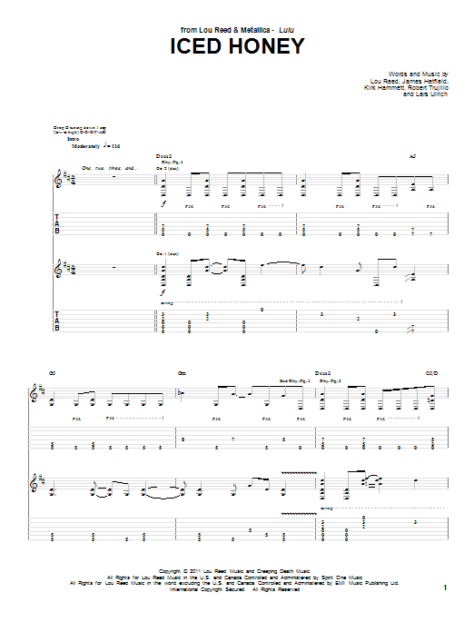 Lou Reed & Metallica Iced Honey sheet music notes and chords arranged for Guitar Tab